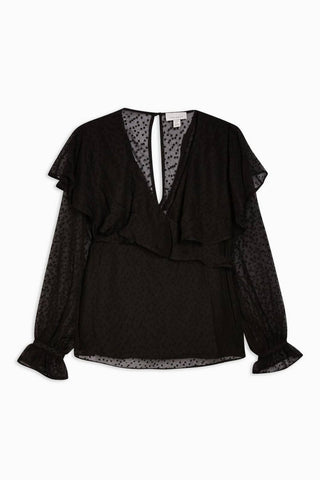 Topshop - Dotted Sheer Chiffon Ruffle Waist Tie Blouse