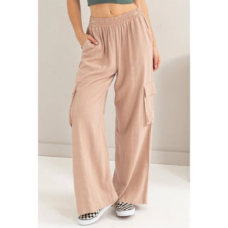 Risen - High Rise Linen Wide Cargo Pants