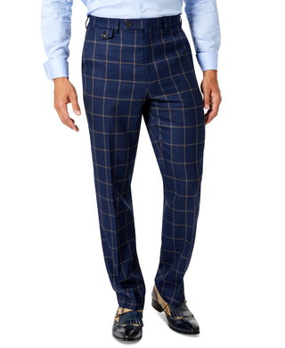 Mens Classic Fit Wool Suit Pants - Windowpane Pattern