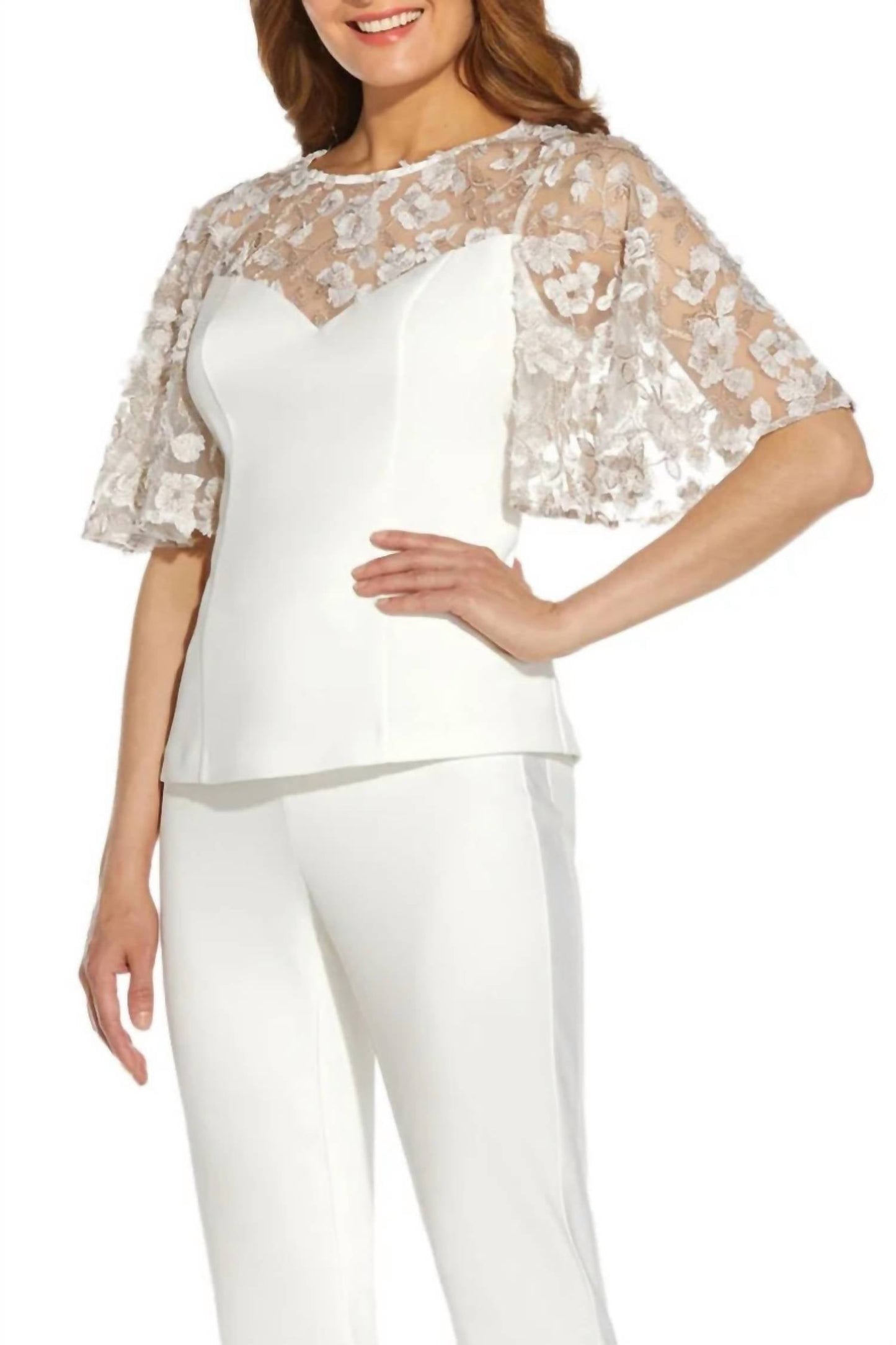 Adrianna Papell - Bell Sleeve Zipper Back Illusion Embroidered Crepe Top