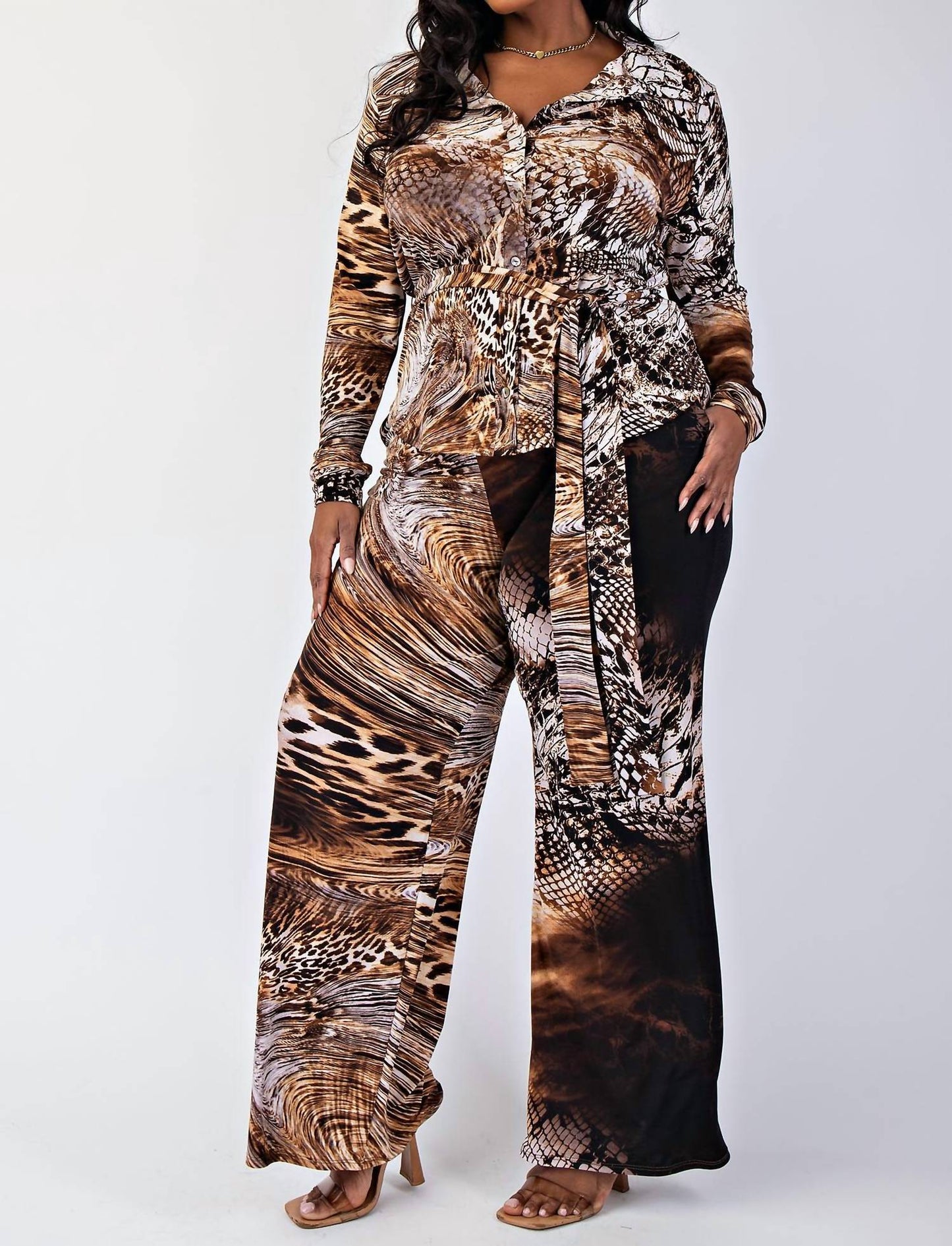 The Curve La - Plus Size Knit Long Sleeve Shirt Top And Wide Leg Pants Set