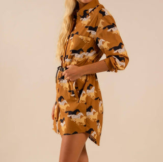 Care Tucker - Preslie Poplin Shirt Dress - All Over Wild Horses Pattern