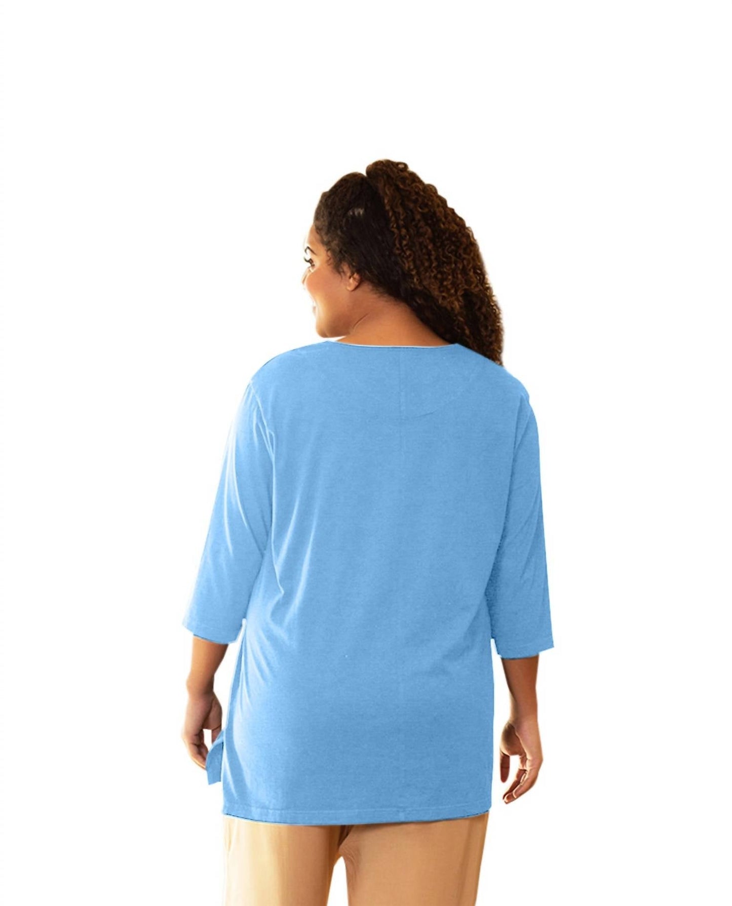 On The Plus Side - Cotton 3/4 Sleeve U-Neck Tee - Plus