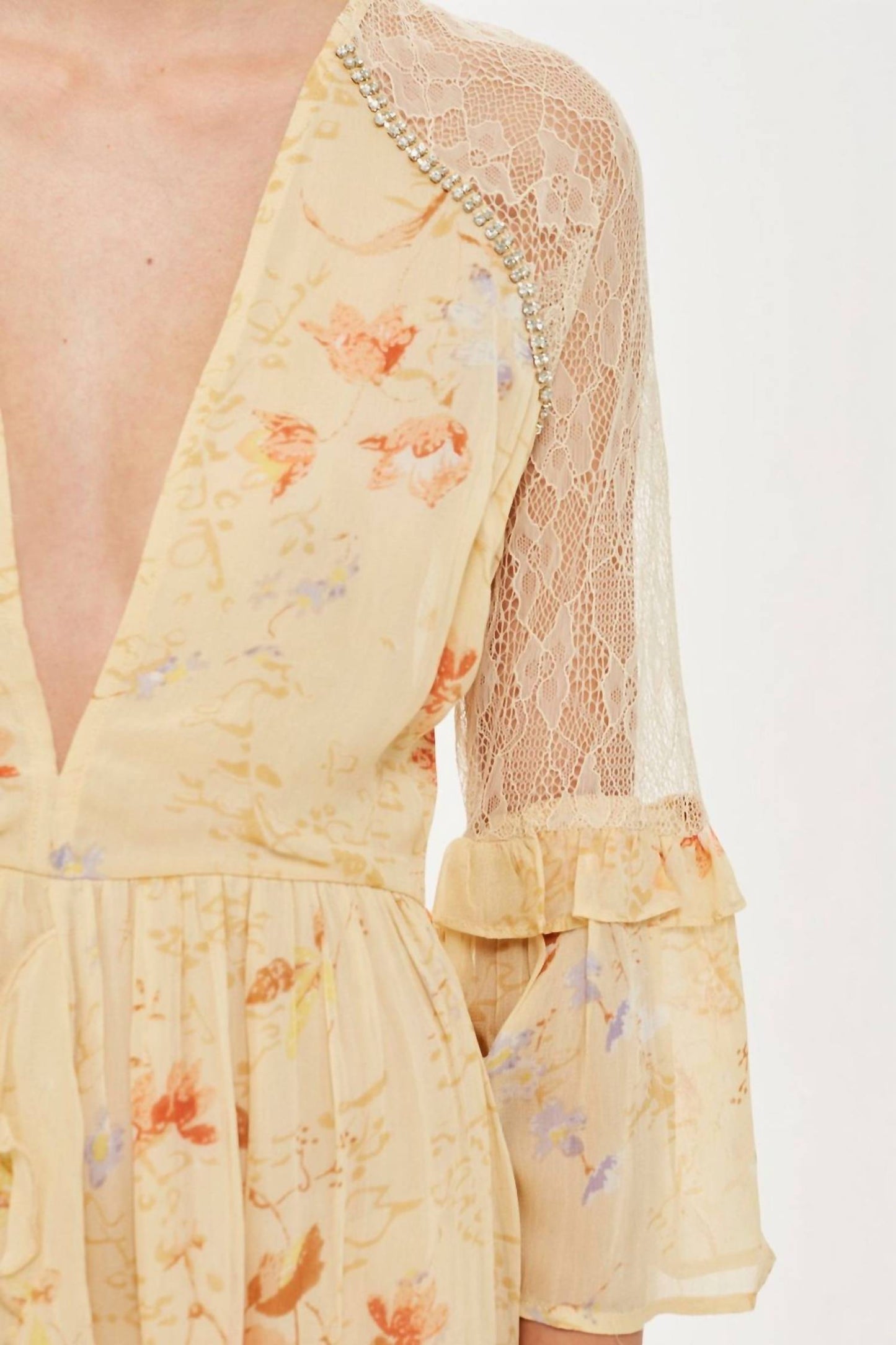 Topshop - Floral Print Lace Rhinestones Ruffle Midi Dress