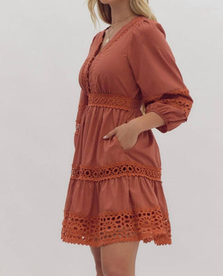 Entro - Rust Lace Inset Smocked Waist Short Dress