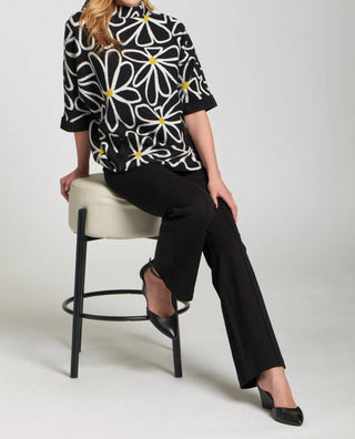 Apny - Whimsical Floral Sweater With Contrast Cuffs And Pockets