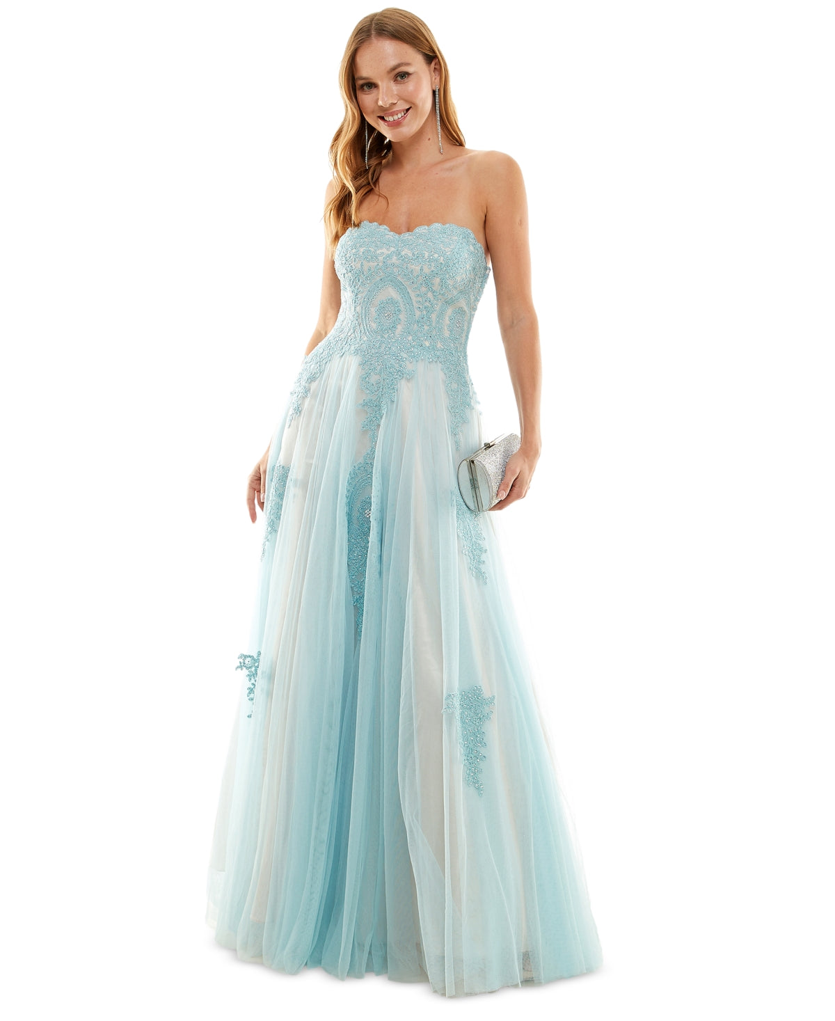 SAY YES TO THE PROM Womens Light Blue Embellished Sheer Patterned Spaghetti Strap Sweetheart Neckline Full-Length Formal Fit + Flare Dress Juniors 7