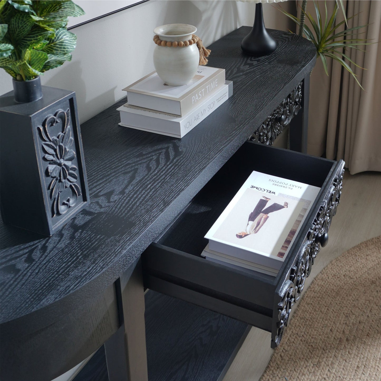 59.2in Black Carved Wooden Console Table with Lower Storage Shelf and Drawers