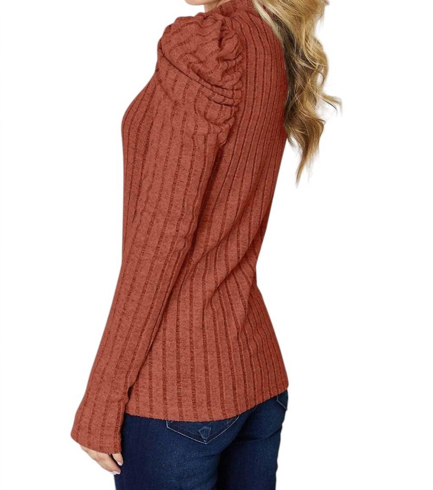 Basic Bae - Ribbed mock neck top with puff sleeves