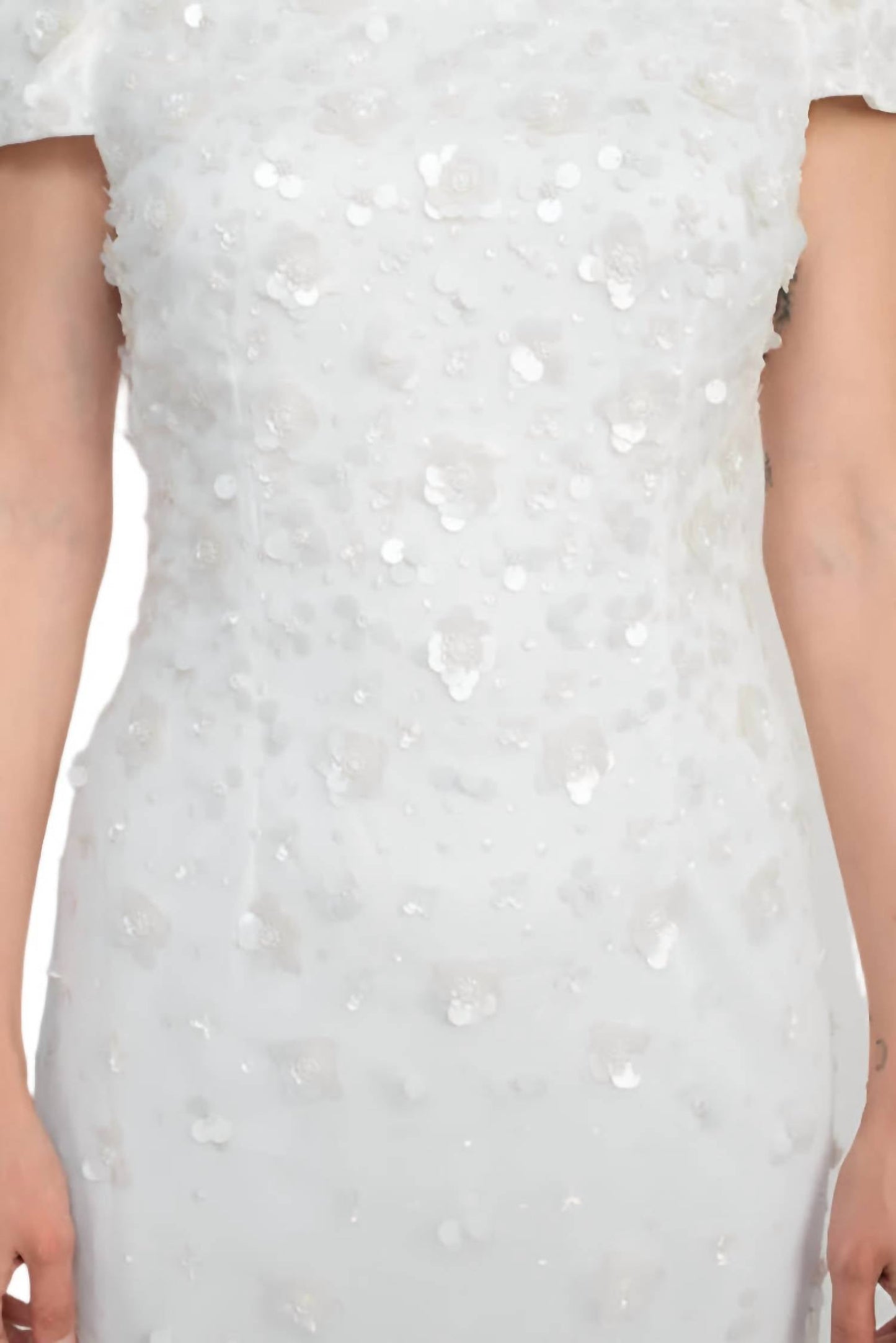 Adrianna Papell - Off The Shoulder Sequined Beaded Column Mesh Dress