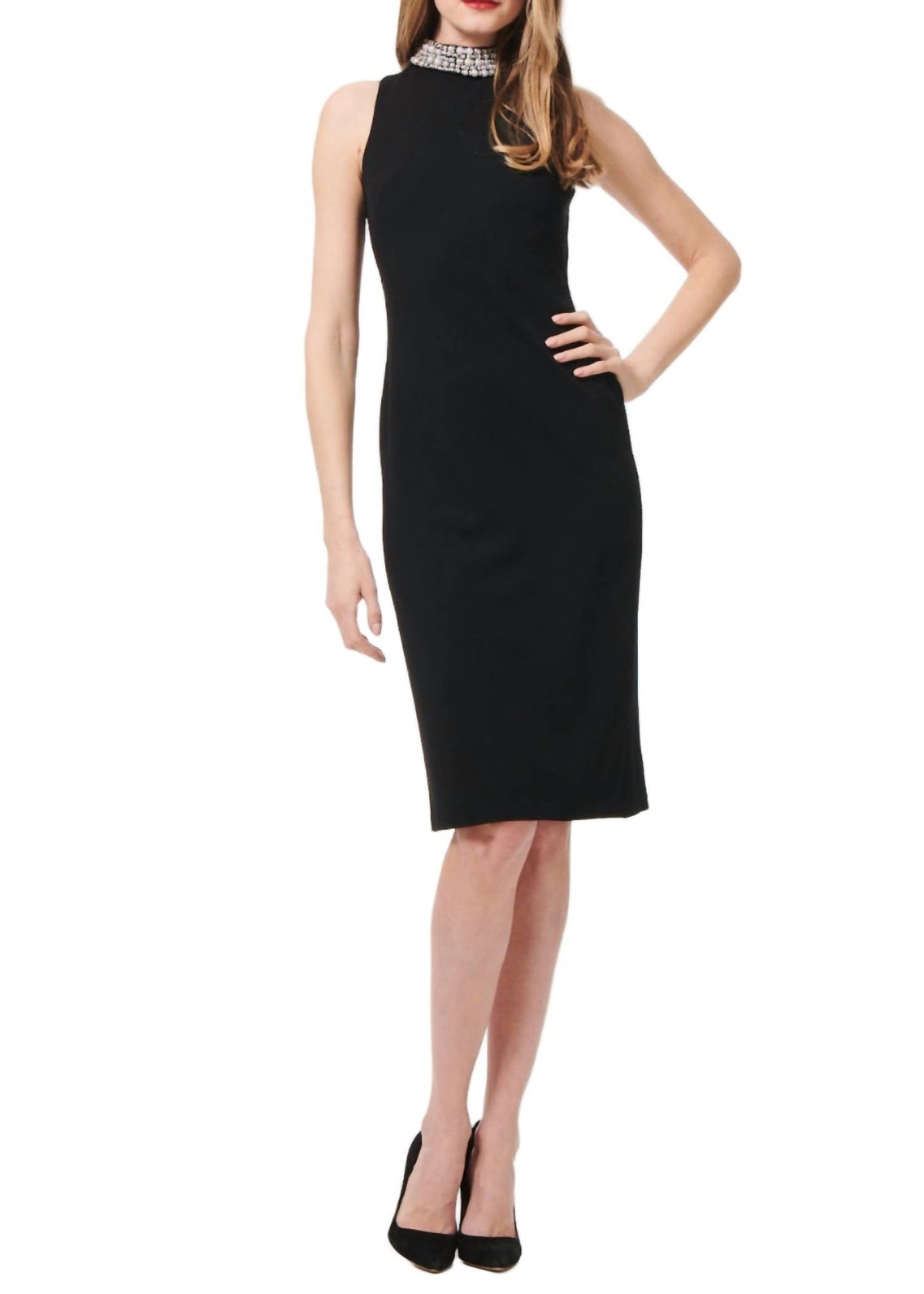 Emily Shalant - Pearl Beaded Mock Neck Choker Midi Dress