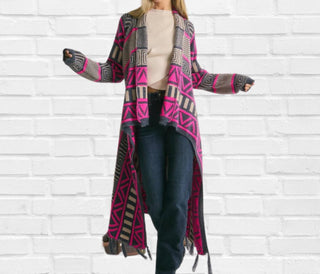 Davi & Dani - Printed Shawl Fringed Hem Cardigan