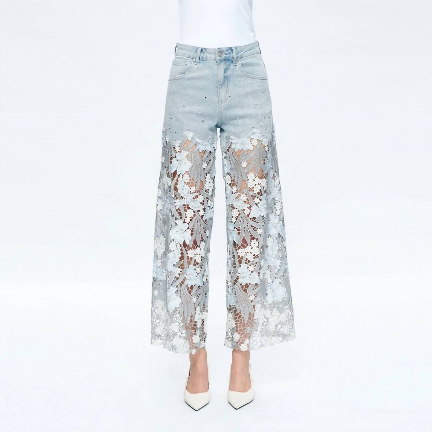Bayeas - High Rise Wide Leg Jeans with Lace Spliced