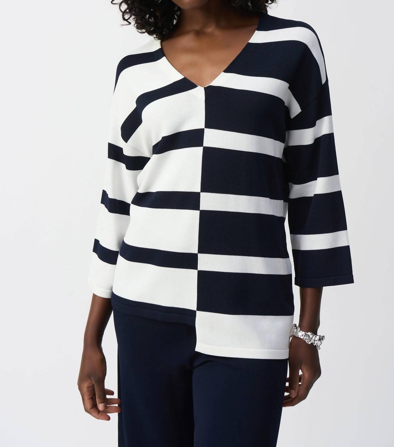 Joseph Ribkoff - Striped Sweater Knit V-neck Pullover