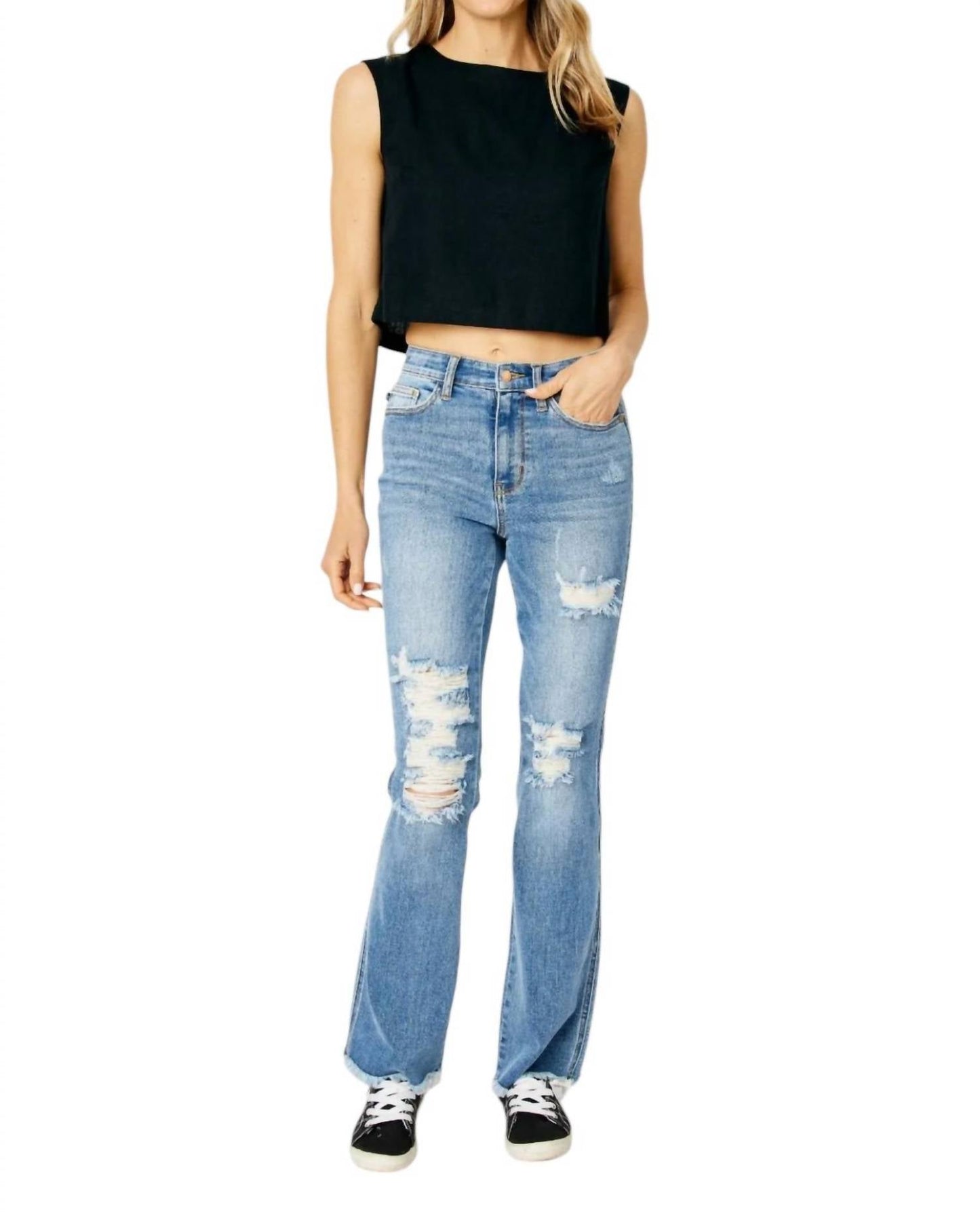 Judy Blue - High Waisted Destroy Fray Hem Bootcut Jeans