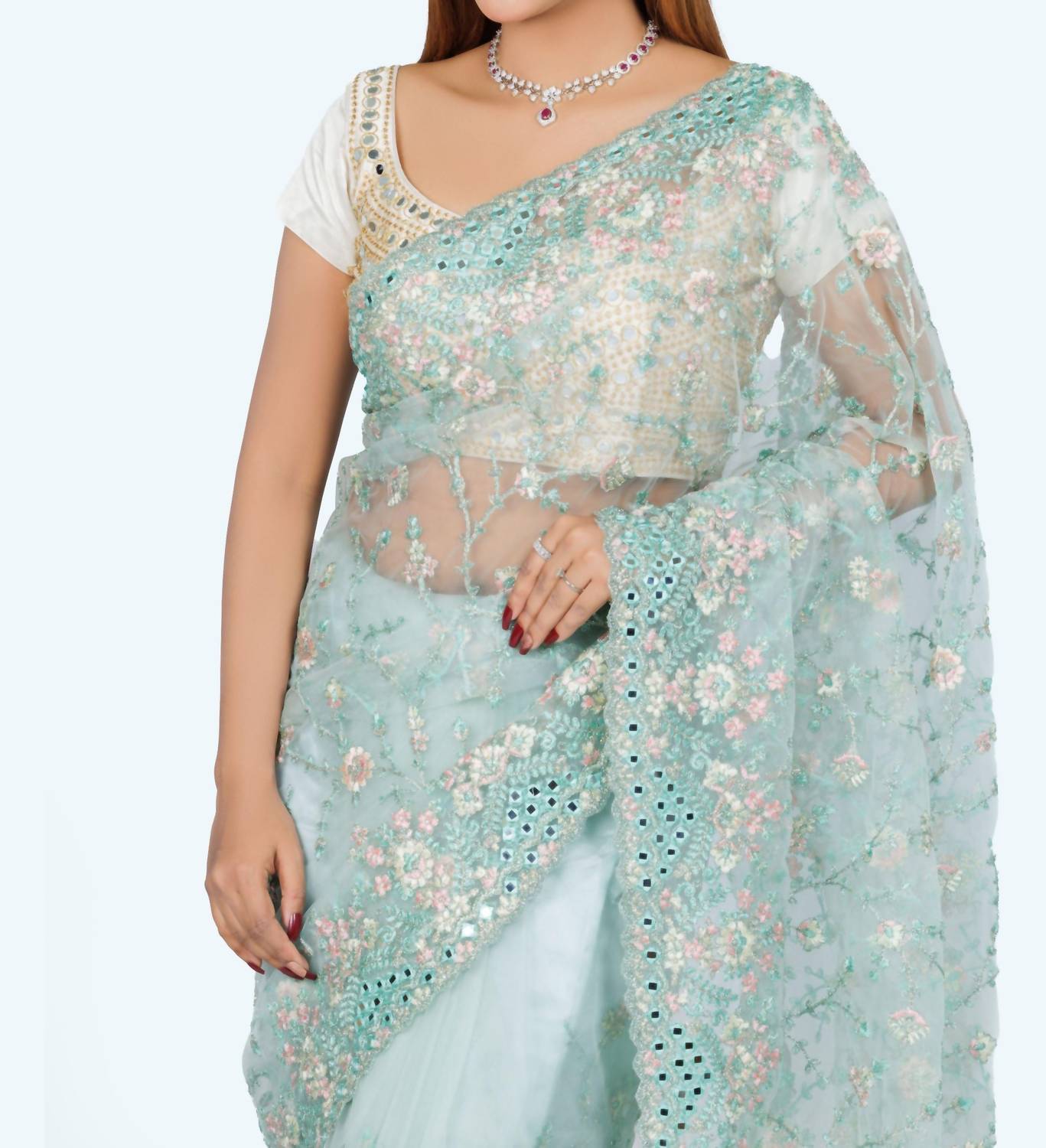 Zaalima Fashion - Mint Green Hand-embroidered Organza Saree