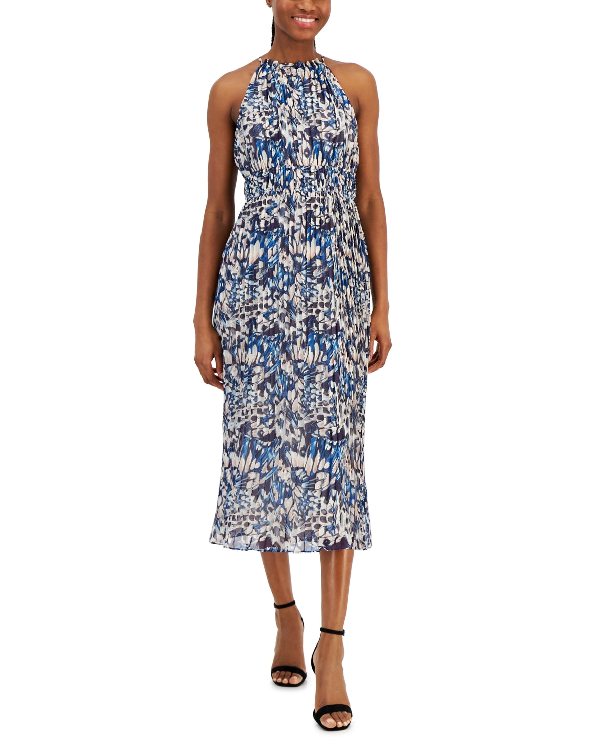 Anne Klein Women's Pleated Midi Halter with Double Elastic Tunnel & Bow Neck Tie