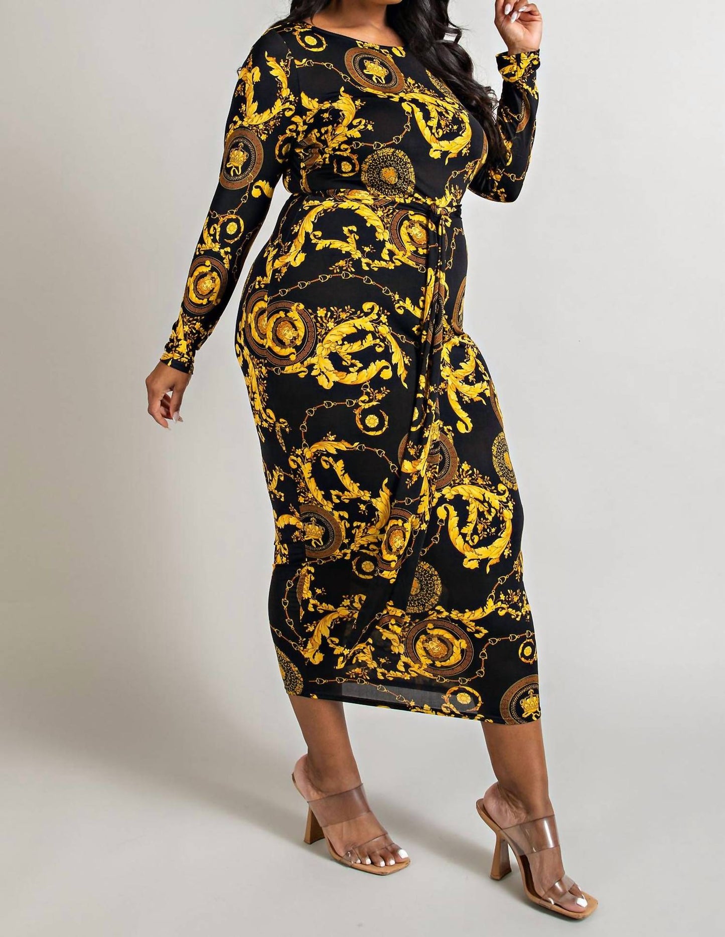 The Curve La - Plus Size Long Sleeve Midi Dress With Tie Belt