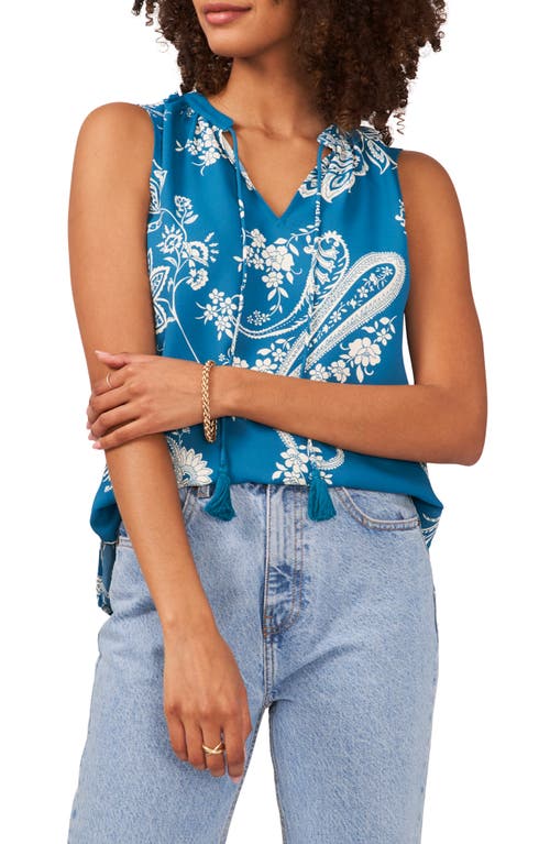 Vince Camuto Blooming Paisley Print Split Neck Top in Teal Waters  Size Medium