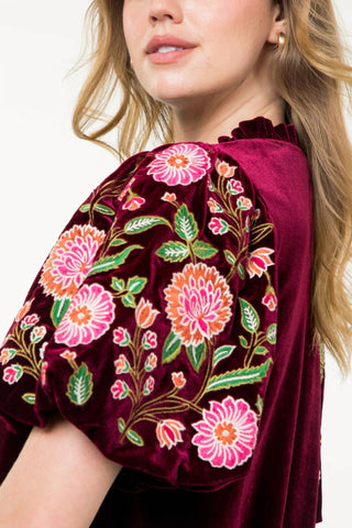 Thml - Embroidered Velvet Puff Sleeve Top