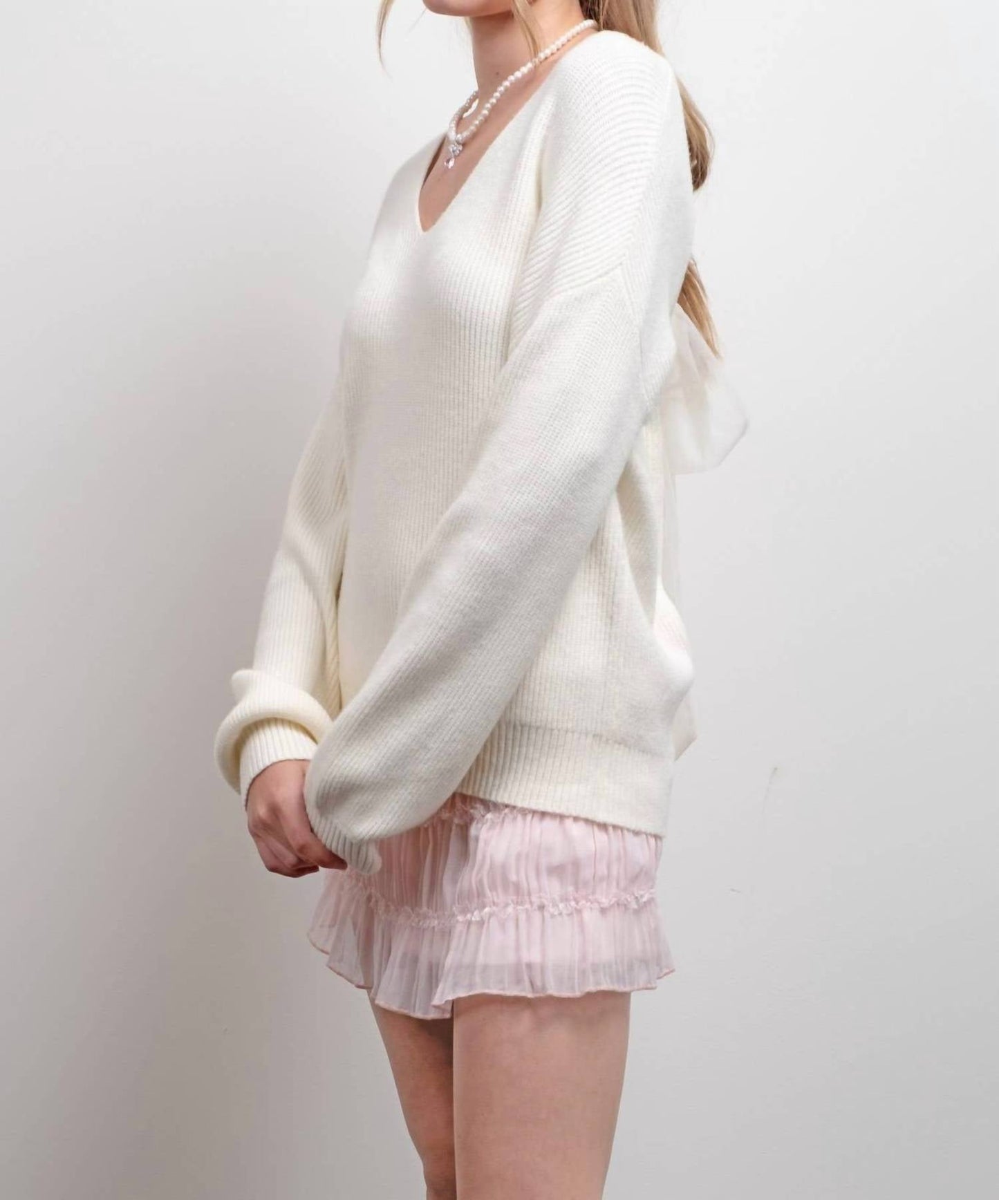 Blu Pepper - V Neck Drop Shoulder Back Bow Tie Detail Sweater