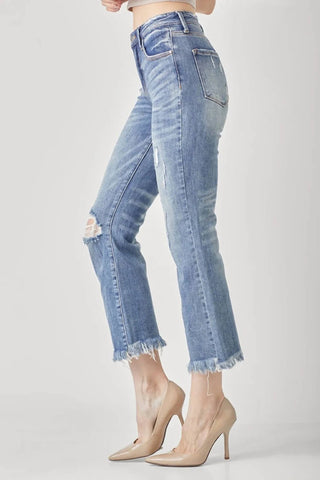 Risen - High Waist Distressed Cropped Bootcut Jeans