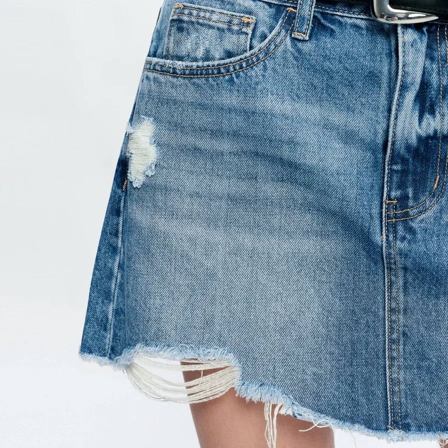Bayeas - A-line Denim Mini Skirt With Frayed Hem