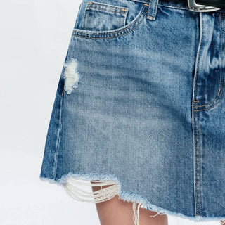 Bayeas - A-line Denim Mini Skirt With Frayed Hem