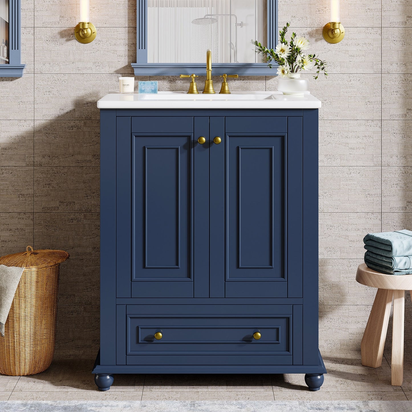 24 Modern Freestanding Solid Wood Bathroom Vanity with Ceramic Sink Adjustable Shelf Storage
