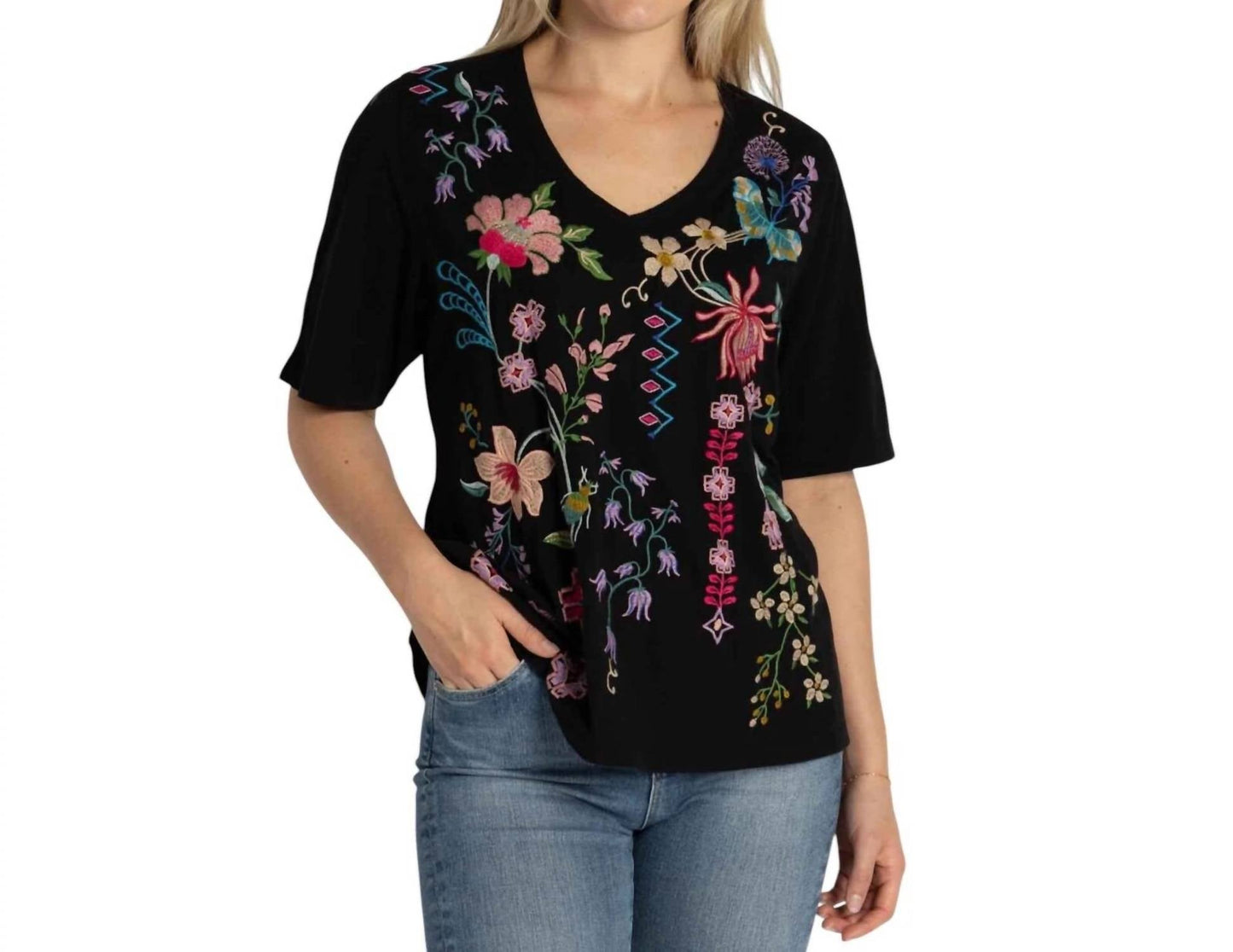 Johnny Was - Maureen 3/4 Sleeve Trapunto V-neck Tee