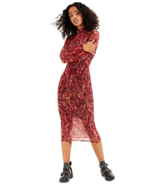 Bar III Women's Printed Mock-Neck Midi Mesh Dress