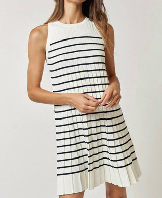 Lalavon - Striped Pleated Sleeveless Sweater Mini Dress