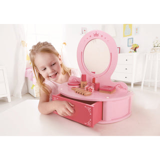 Hape Petite Pink Vanity Toy Wooden Beauty Counter with Mirror and Accessories