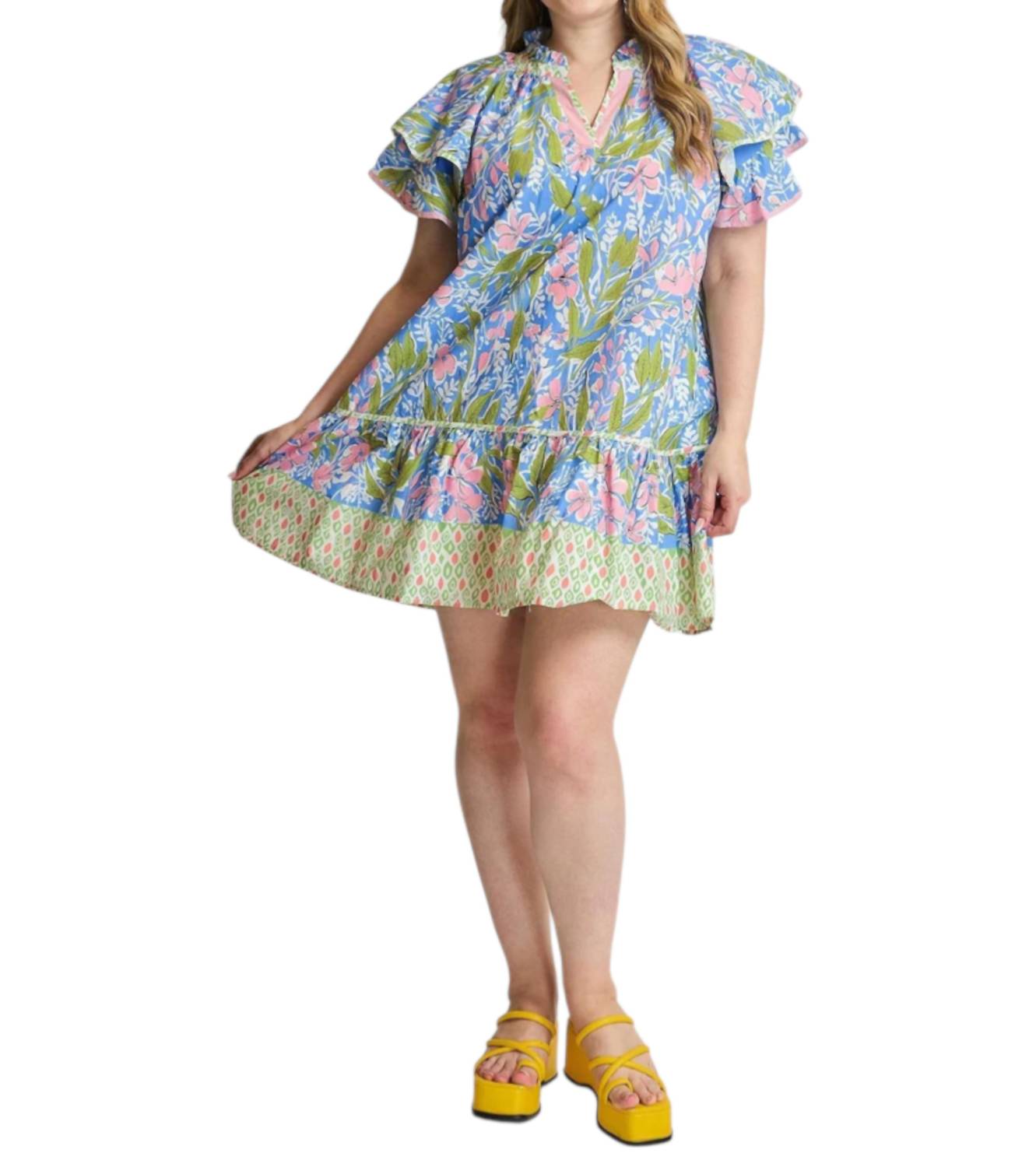 Umgee - Floral Ruffle Sleeve Tunic Dress