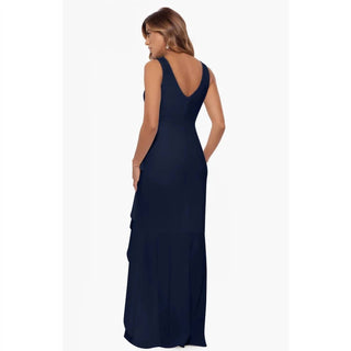 Betsy & Adam - V-neck Cascade Ruffle High-low Gown