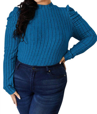 Trendsi - Ribbed Mock Neck Top With Puff Sleeves