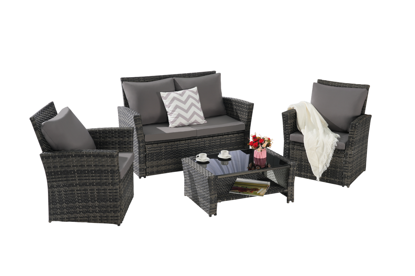 4 Pieces Outdoor Patio Furniture Sets Garden Rattan Chair Wicker Set