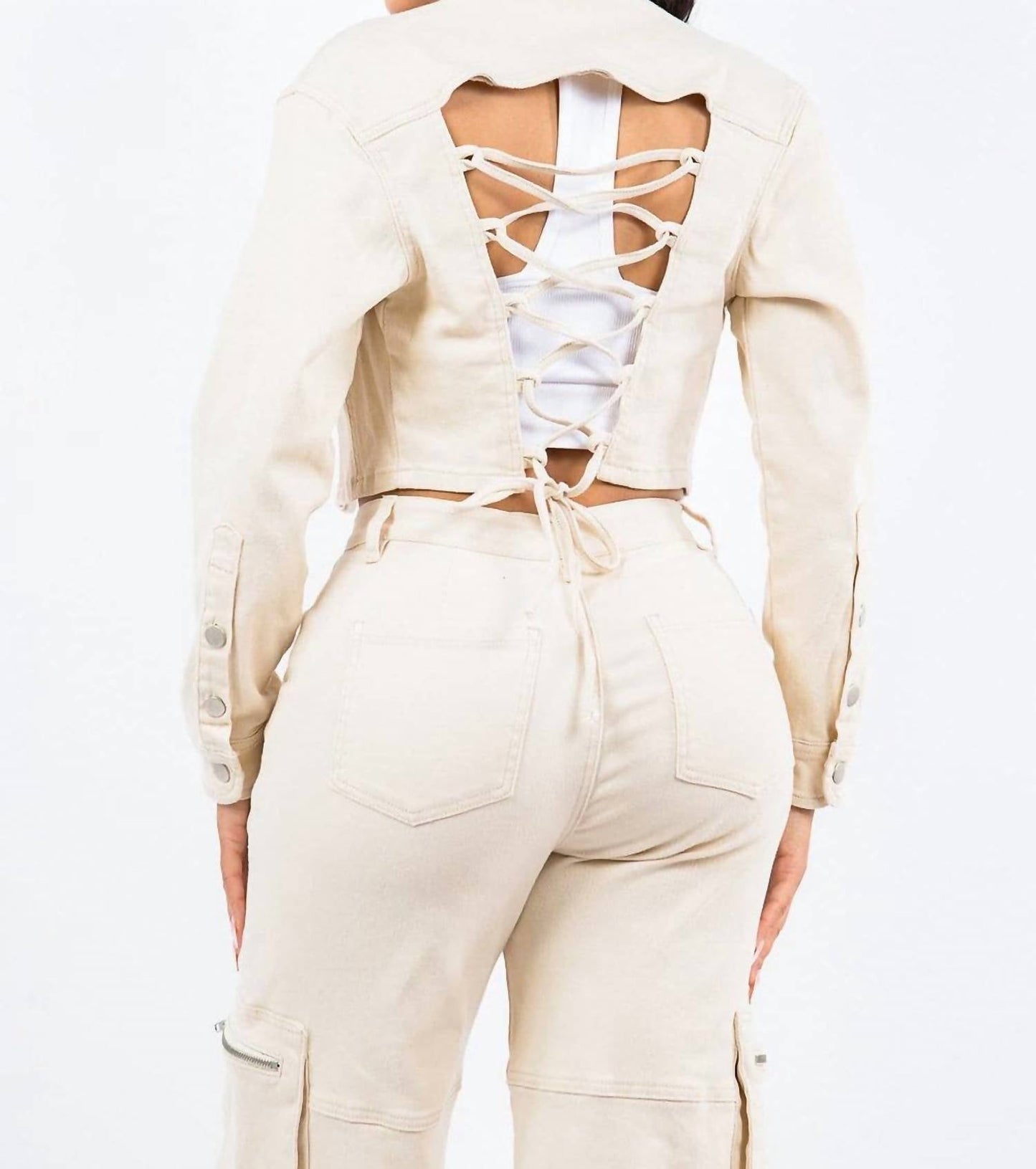 American Bazi - Cropped Lace-up Jacket With Button Front