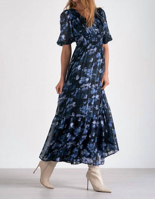 Elan - Three-quarter Sleeve V Neck Floral Maxi Dress