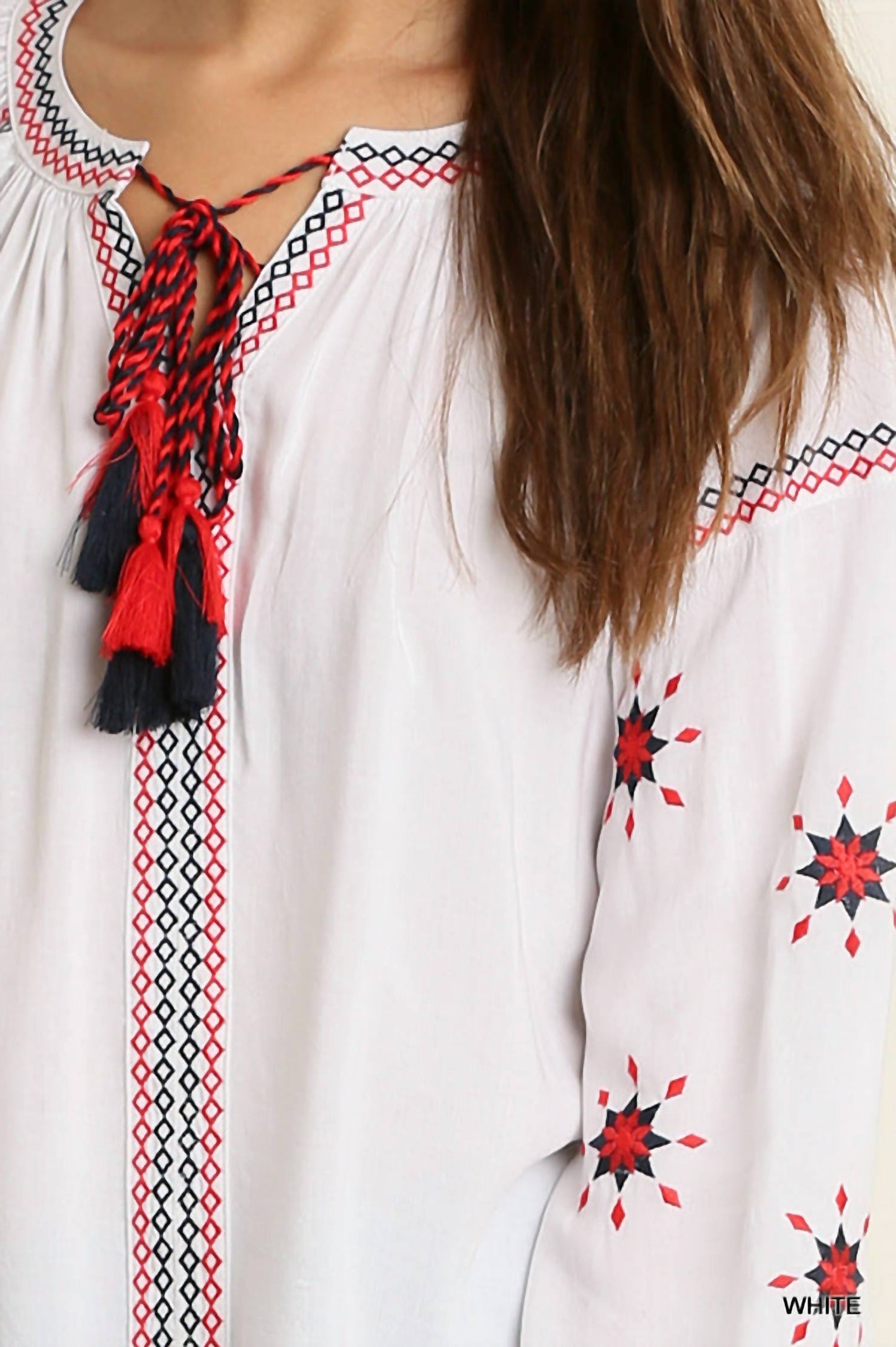 Umgee - Embroidered Tassel Tie Blouse