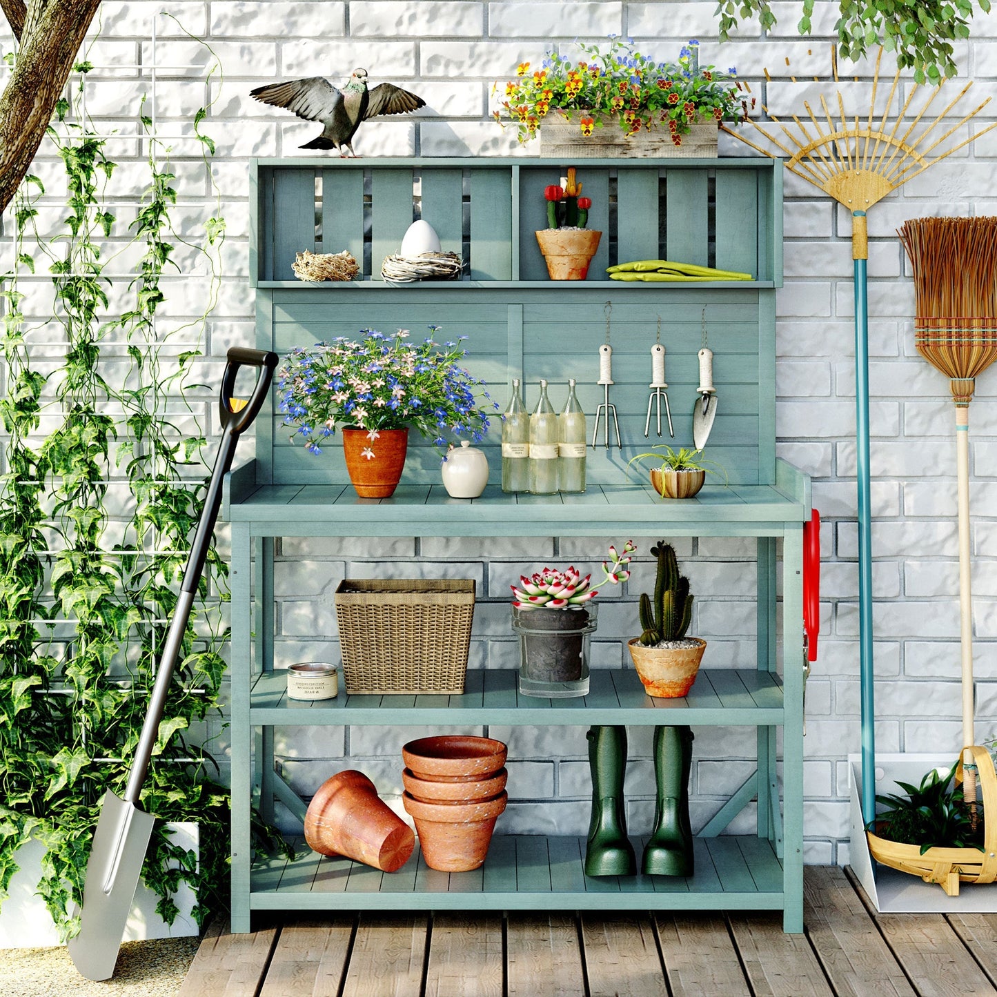TOPMAX 65" Large Wooden Farmhouse Rustic Outdoor Potting Bench Table