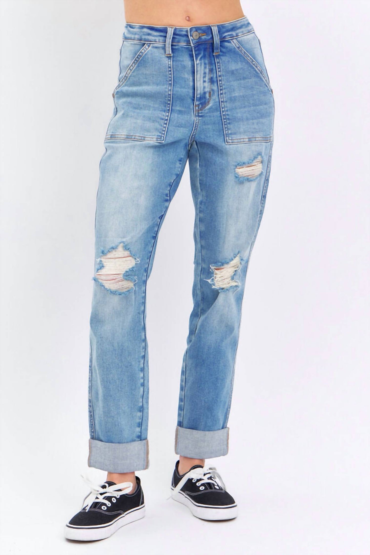 Judy Blue - High Rise Patch Pocket Distressed Boyfriend Jeans