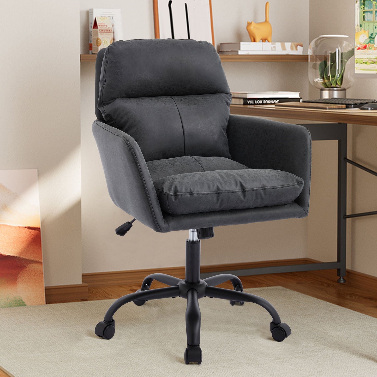 Adjustable Office Chair, Ergonomic Swivel Chair Leather - Black