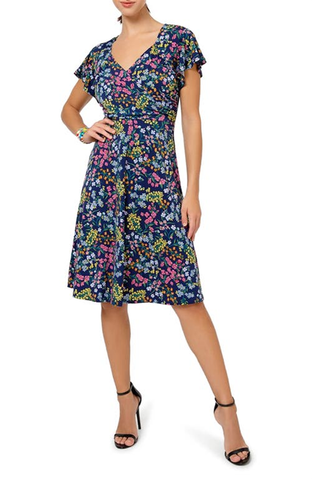 Leota Women's Sweetheart Faux Wrap Flutter Sleeve Dress Blue Size Small