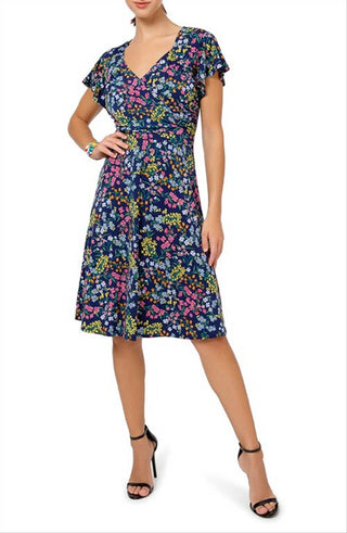 Leota Women's Sweetheart Faux Wrap Flutter Sleeve Dress Blue Size Small