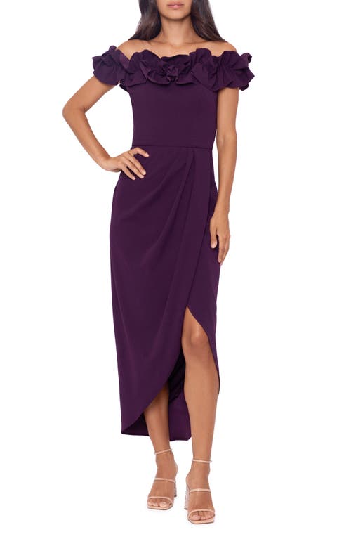 Xscape Ruffle Off the Shoulder Scuba Crepe Midi Dress in Mulberry, Size 12
