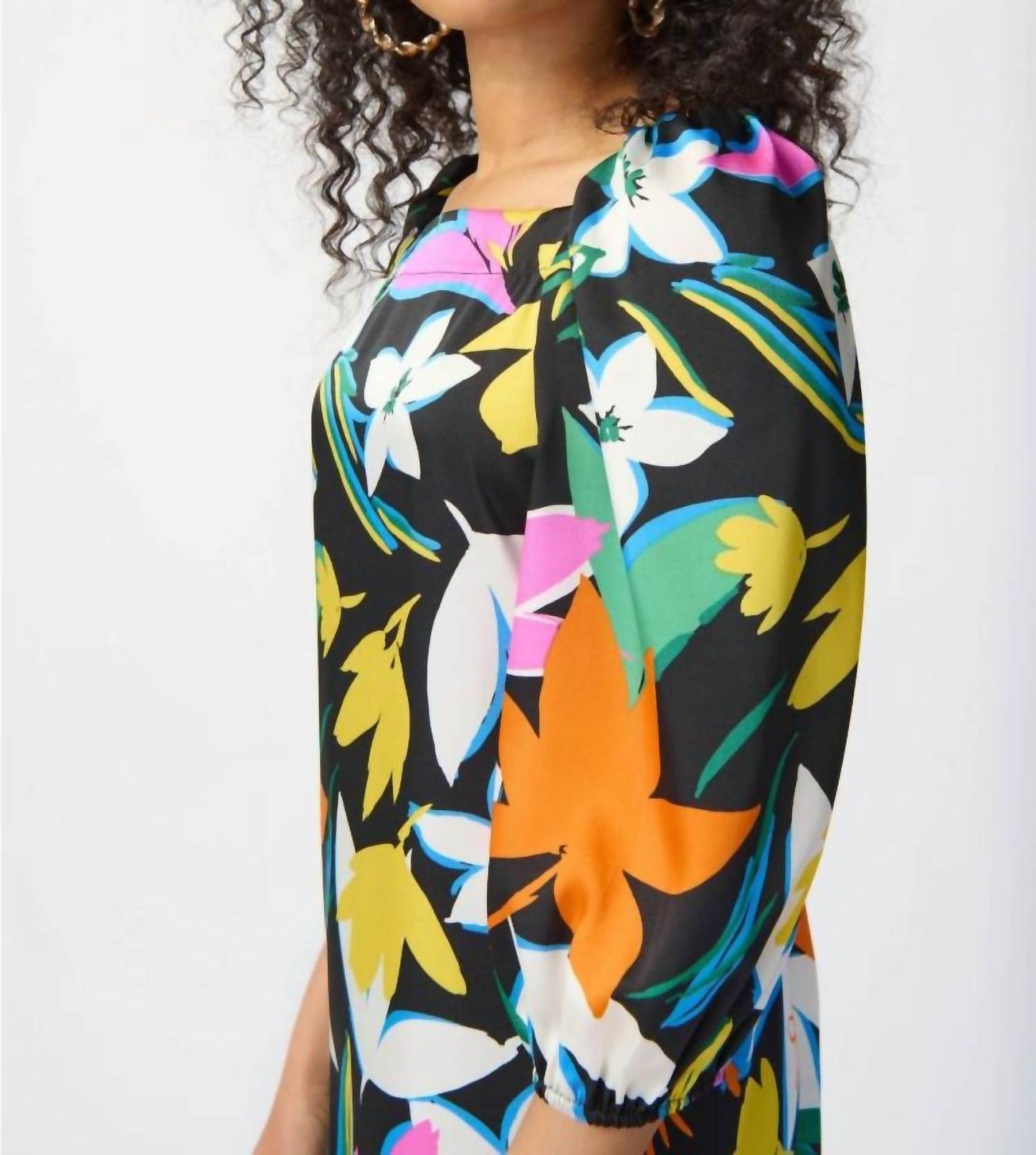 Joseph Ribkoff - Floral Print Puff Sleeve Satin Shift Dress