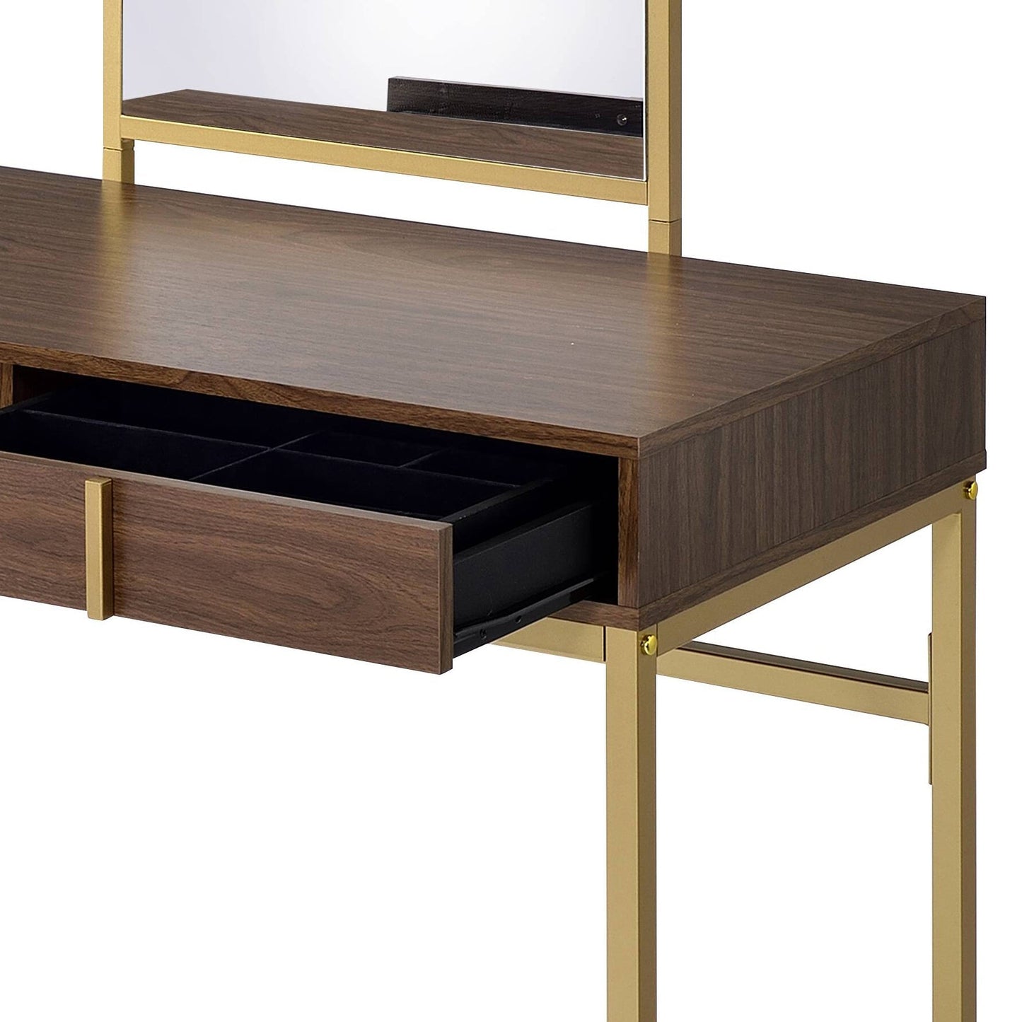 Coleen Walnut & Gold Finish Vanity Desk with Mirror & Jewelry Tray