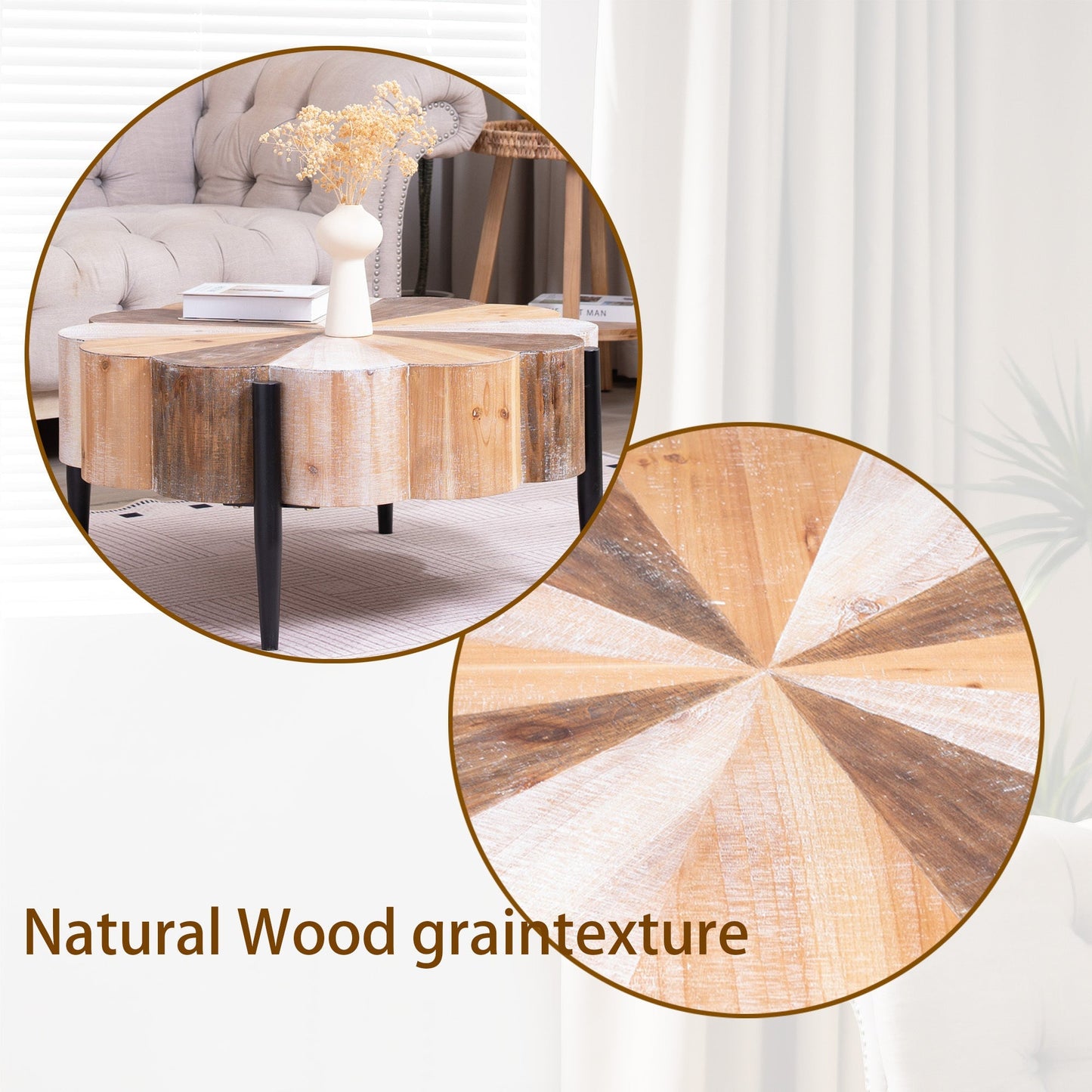 Rustic Manufactured Wood Flower-Shaped Coffee Table with Metal Legs