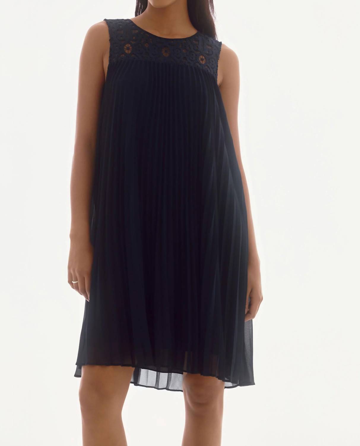 Joseph Ribkoff - Lace Chiffon Pleated Trapeze Midi Dress